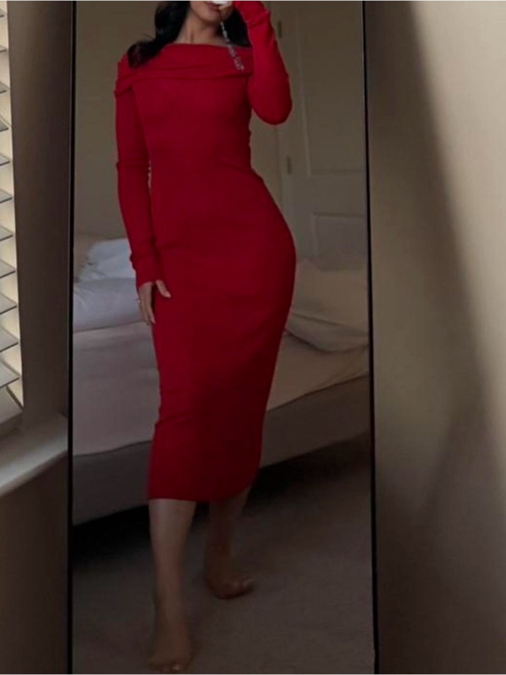 Red Off-Shoulder Long Sleeve Midi Dress - Women's xxs H&M